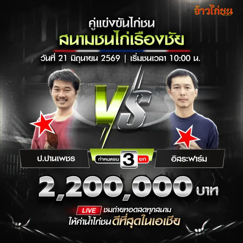 ป.ปานเพชร พบ อิสระฟาร์ม โปรแกรมไก่ชน สนามชนไก่เรืองชัย 21 มิถุนายน
