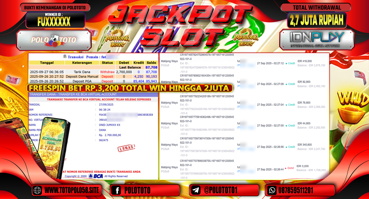 POLOTOTO JACKPOT SLOT MAHJONG WAYS Rp.2.700.000,- LUNAS