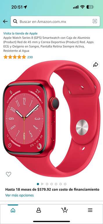 Amazon: Apple Watch Series 8 45 mm Rojo 
