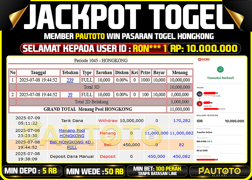 BUKTI PEMBAYARAN TGL 9 JULY 2025 MENANG DI PASARAN HONGKONG LOTTO TOTAL WD 10 JUTA