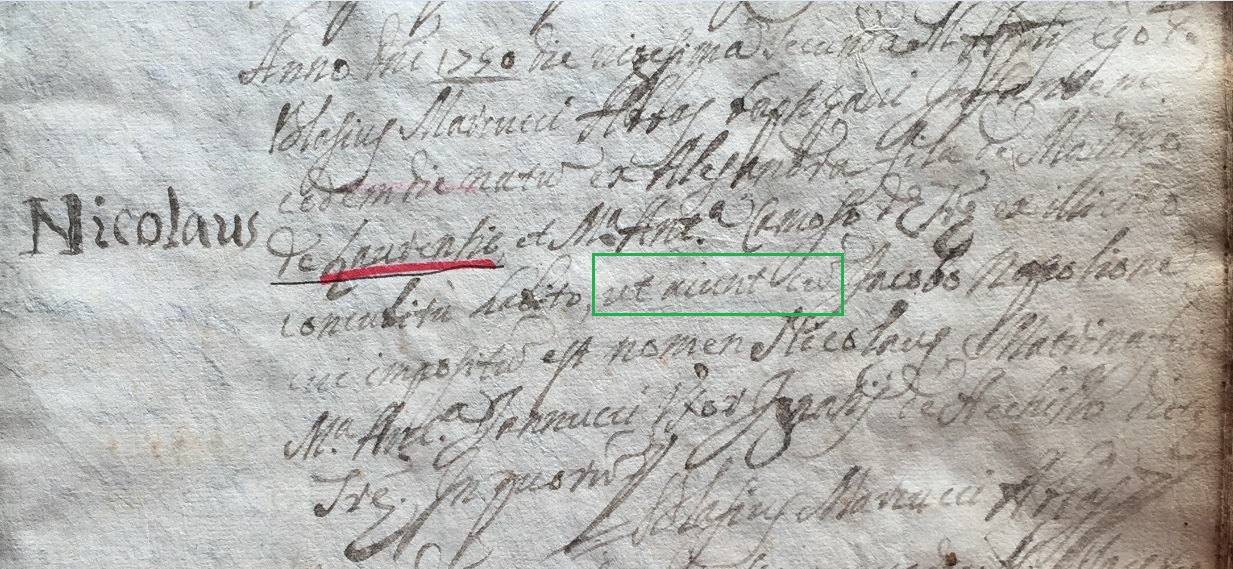 Albero Genealogico documento 17da Nicola Napolione (figlio Giacomo) - 1750 Atto di Nascita