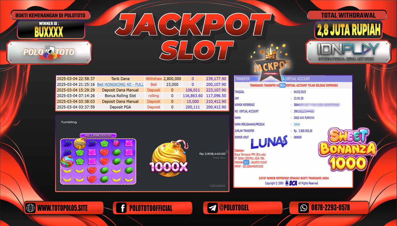 POLOTOTO JACKPOT SLOT SWEET BONANZA 1000 Rp.2.800.000,-