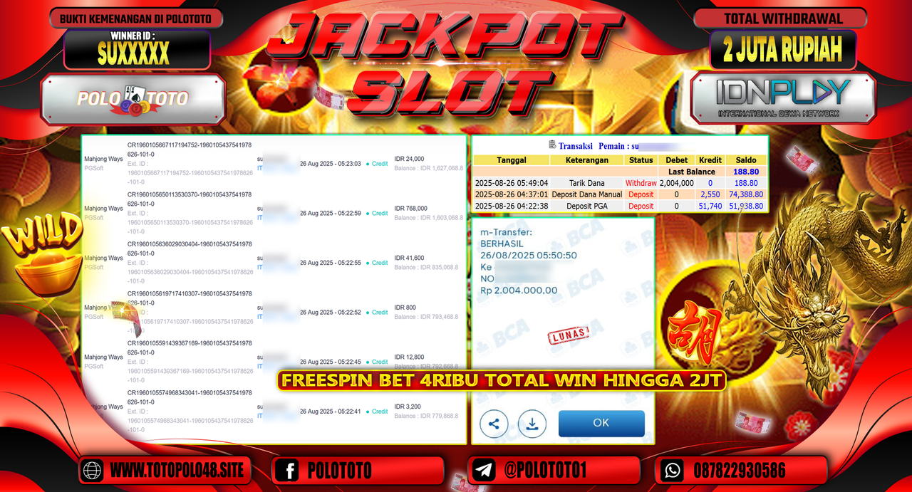 POLOTOTO JACKPOT SLOT MAHJONG WAYS Rp.2.004.000,-