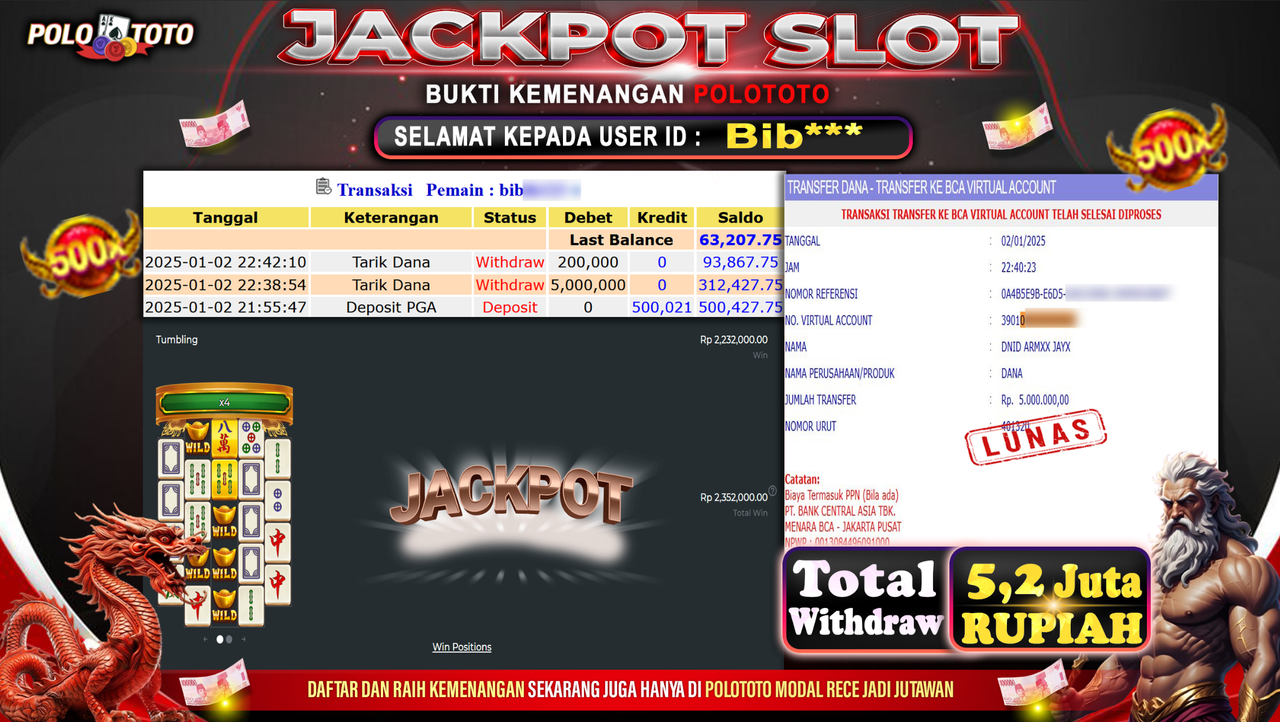 POLOTOTO JACKPOT SLOT MAHJONG WAYS 2 Rp.5,200.000,-