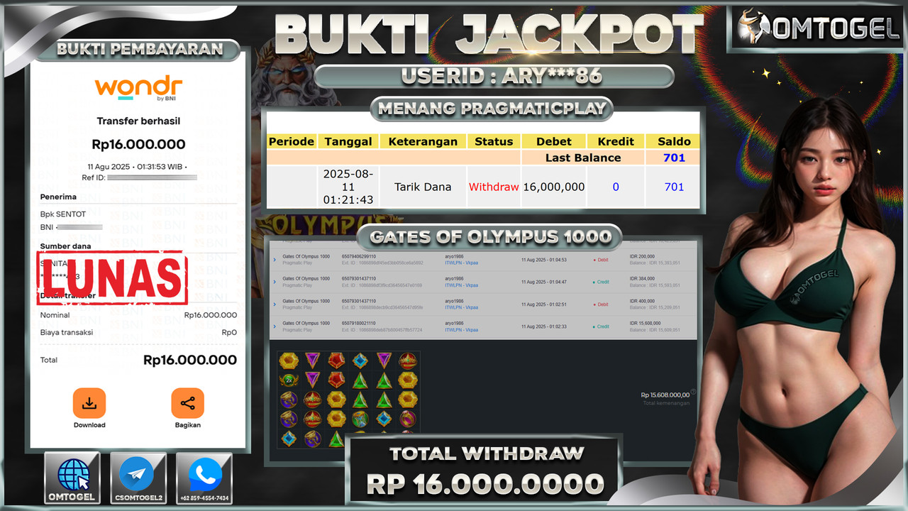OMTOGEL JACKPOT PRAGMATIC PLAY GATES OF OLYMPUS 1000 16 JUTA DI BAYAR LUNAS ,-