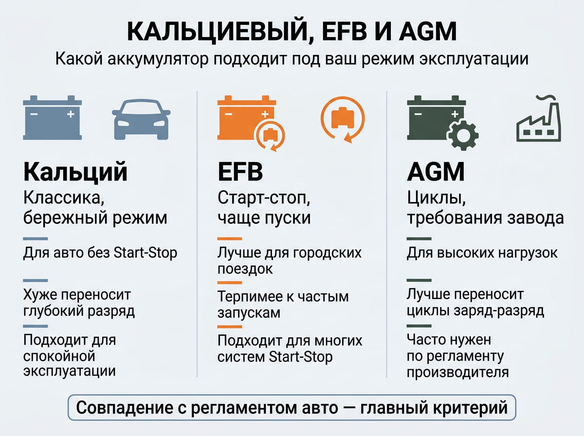 сравнительная таблица аккумуляторов: Кальциевый, EFB и AGM