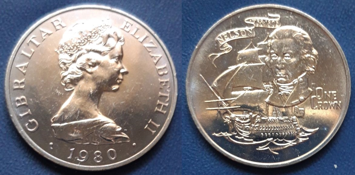 1 Corona de Isabel II. 1980. Gibraltar. La batalla de Trafalgar (10 pfennig dedit) 20190731-192421