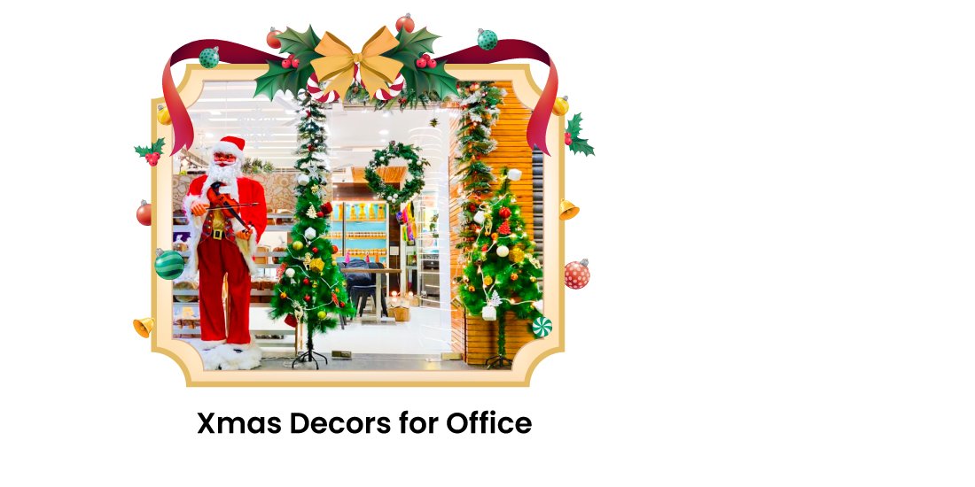 Christmas decorations for office entrance with a xmas tree adorned with sparkling ornaments along with a welcoming santa display