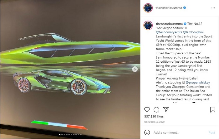 McGregor menerima kapal Lamborghini 63 dengan 'Nomor 12' untuk menghormati perusahaan wiski miliknya, Proper No. Twelve, yang ia dirikan pada 2018.
