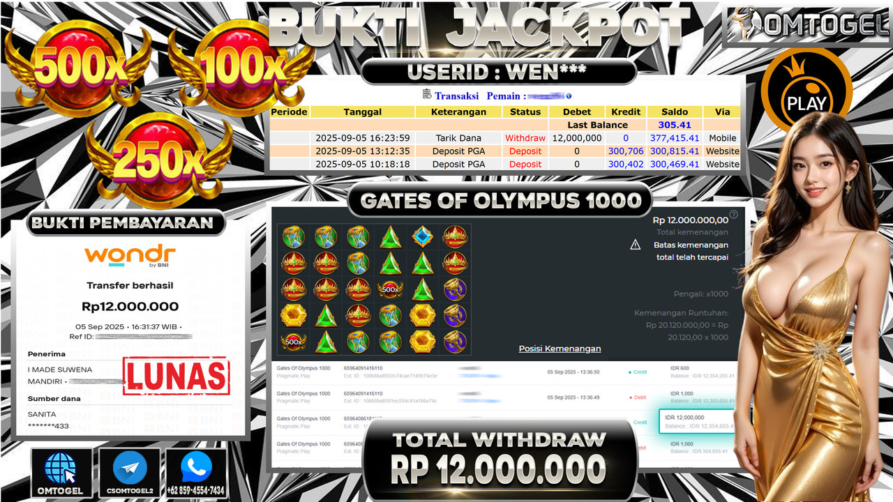 OMTOGEL JACKPOT PRAGMATIC PLAY GATES OF OLYMPUS 1000 12 JUTA DI BAYAR LUNAS ,-