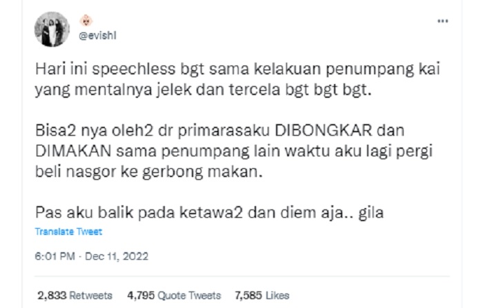 Viral unggahan seorang penumpang kereta api yang kesal lantaran oleh-olehnya dibongkar dan dimakan penumpang lain.