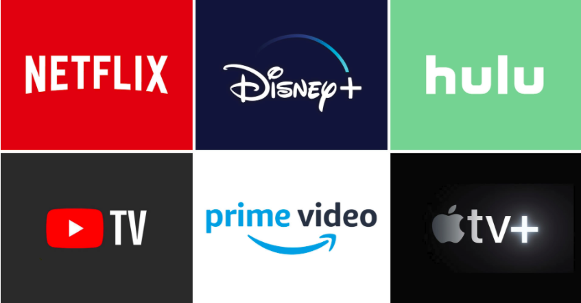The logos for Netflix, Disney plus, Hulu, youtube TV, amazon prime and apple tv.