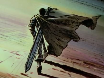 A man with a large sword strapped to his back, walking away from the viewer.