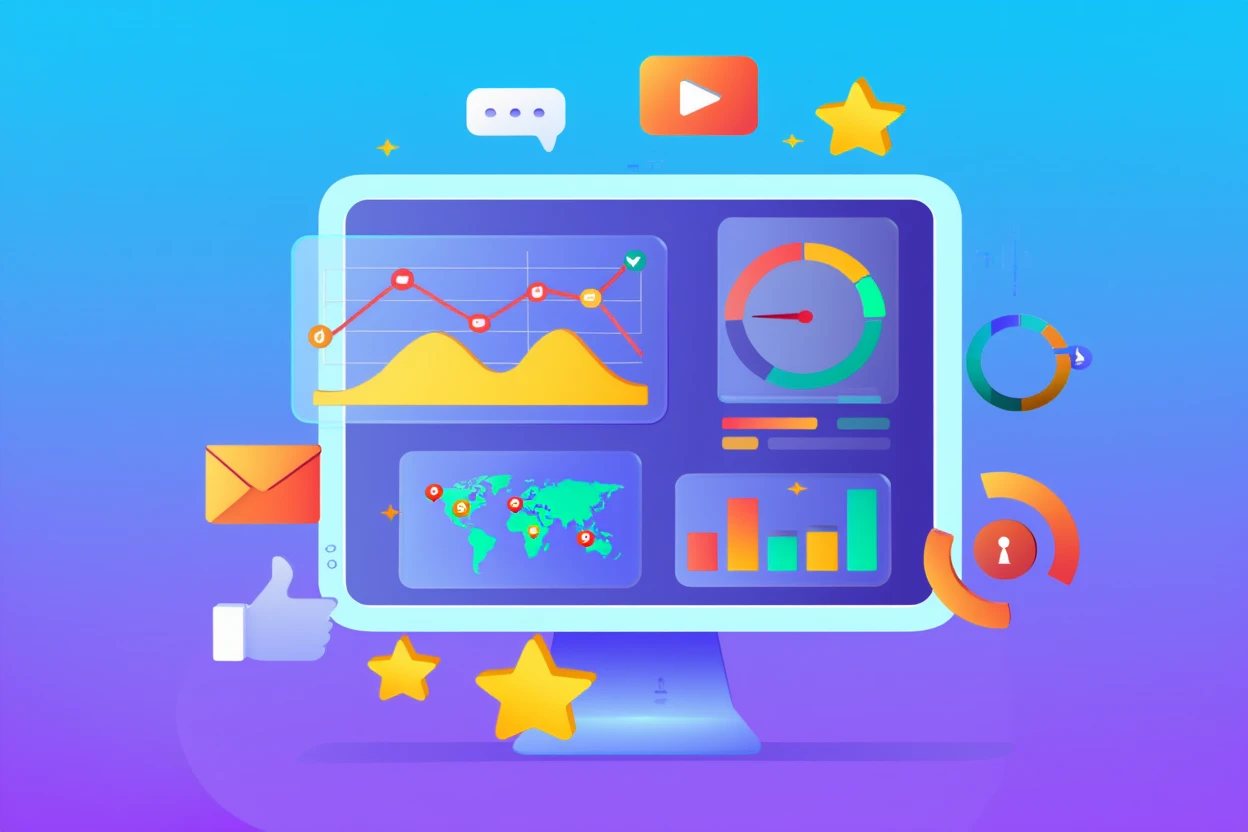 Монитор с графиками, диаграммами и картой мира, окружённый иконками соцсетей, отзывов и сообщений, иллюстрация аналитики репутации бренда