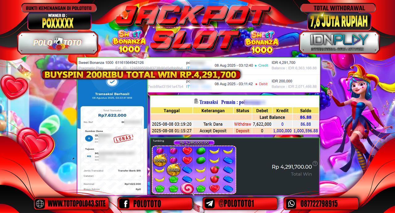 POLOTOTO JACKPOT SLOT SWEET BONANZA 1000 Rp.7.600.000,-LUNAS