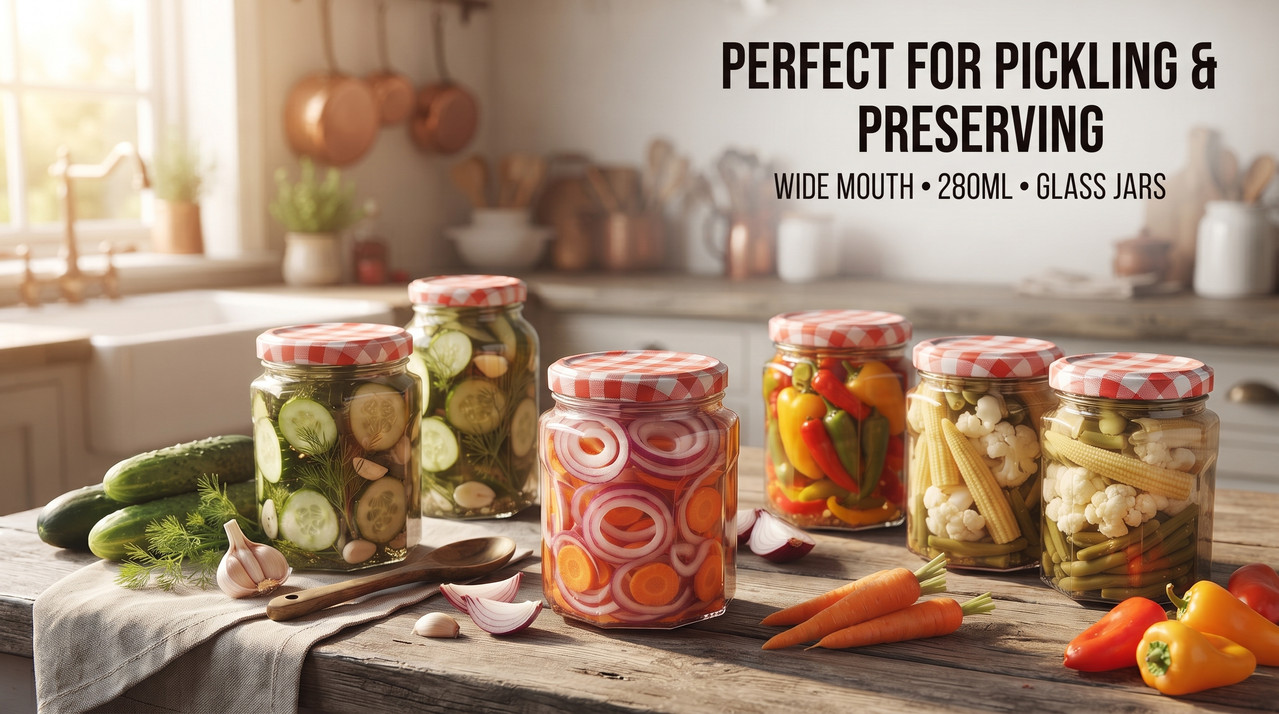 Pickles and Preserved Vegetables in Glass Jars