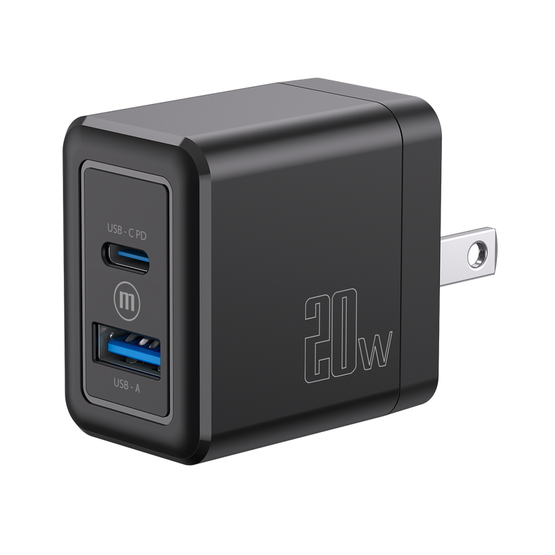 Cargador de pared doble Maxell mostrando sus puertos USB-C y USB-A.