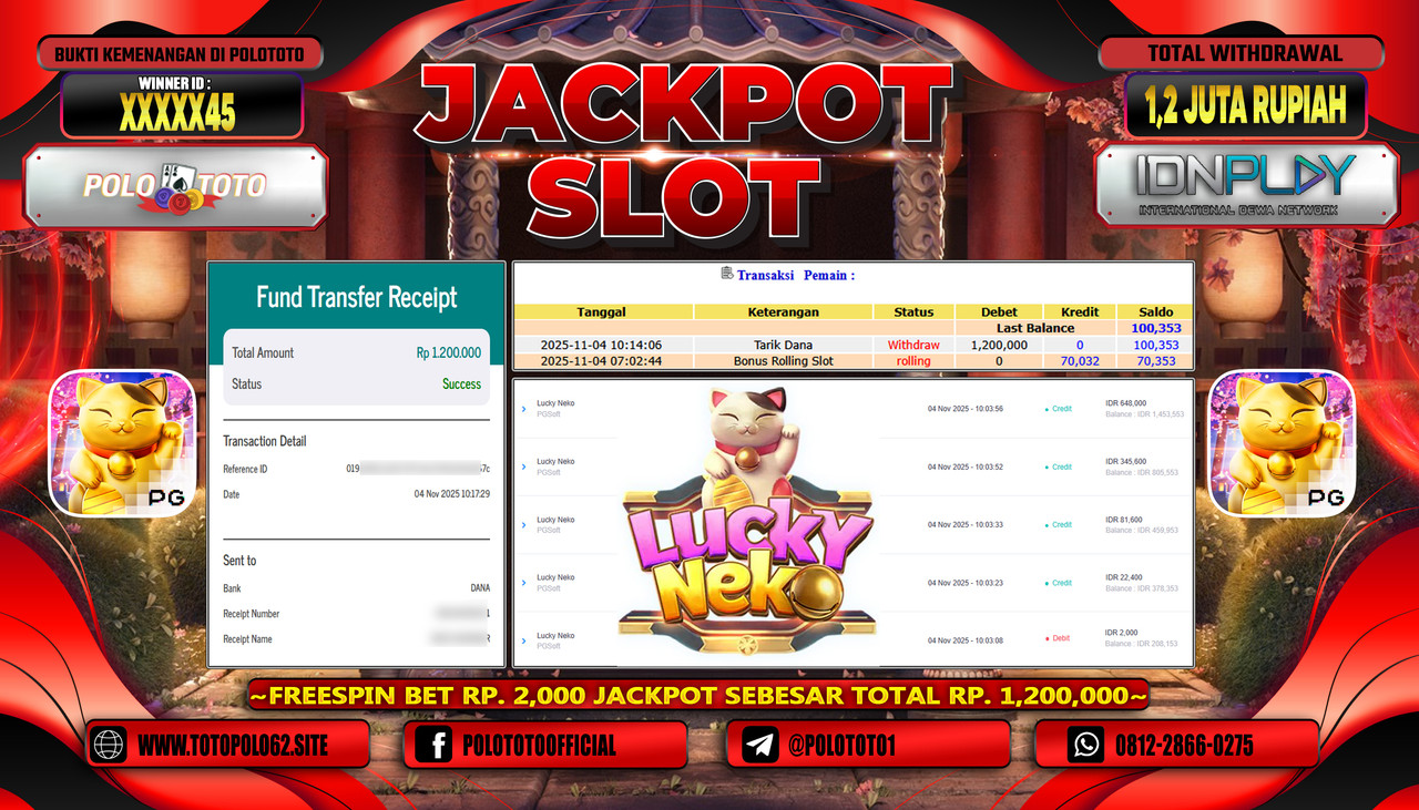 POLOTOTO JACKPOT SLOT LUCKY NEKO Rp.1.200.000,- LUNAS