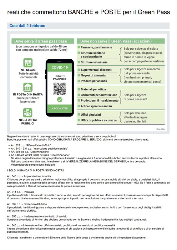 Reati che commettono BANCHE e POSTE per il Green Pass