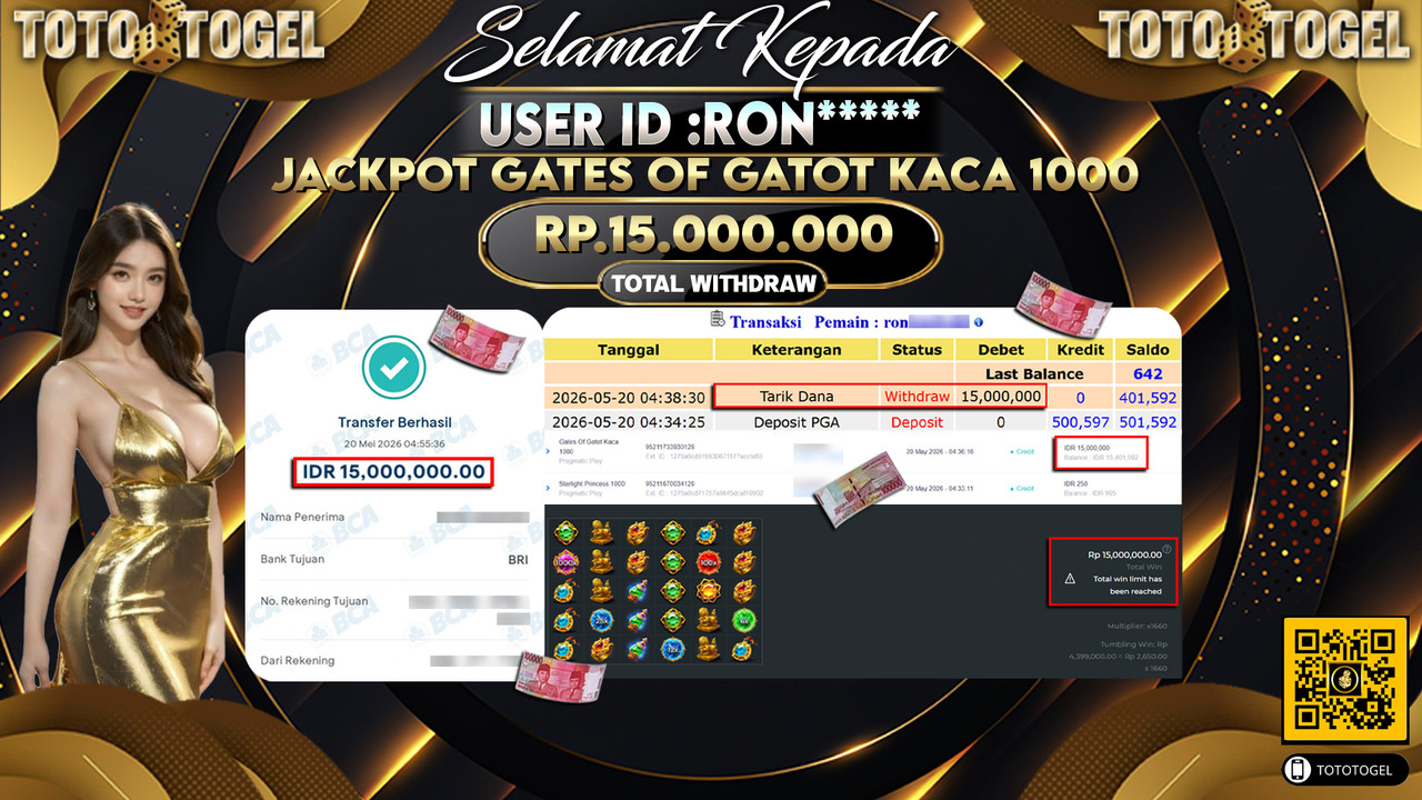 Bukti Pembayaran Jackpot Permainan Slot Gates Of Gatot Kaca 1000 ID:RON***** LUNAS