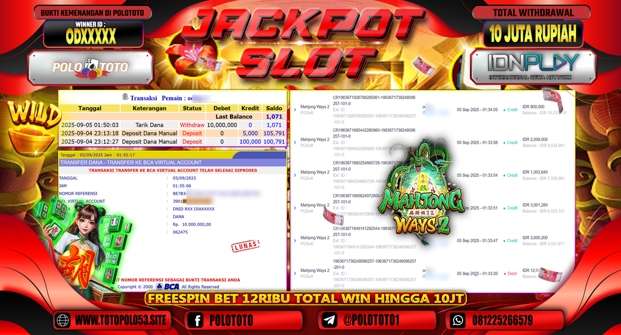 POLOTOTO JACKPOT SLOT MAHJONG WAYS 2 Rp.10.000.000,-