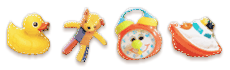 Rubber duck, colorful patchwork teddy bear, toy clock, and toy boat divider