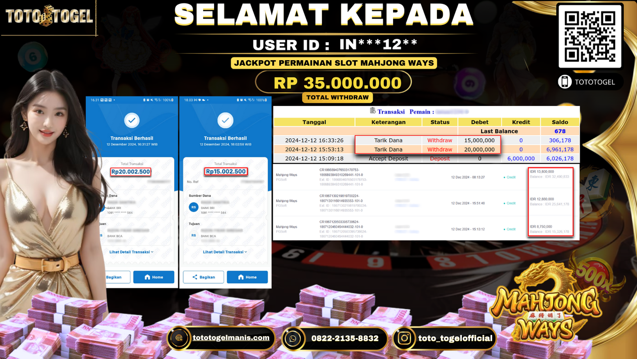Bukti Pembayaran Jackpot Permainan Slot Mahjong Ways ID: IN***12** LUNAS