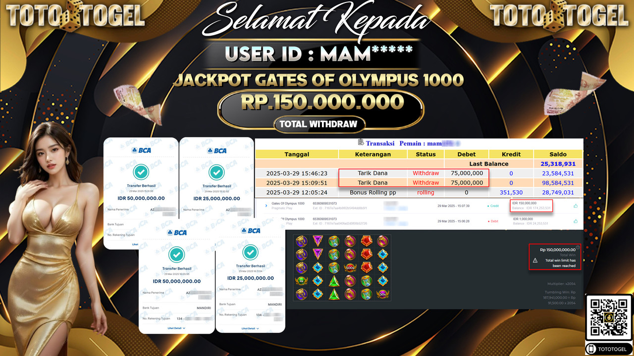 Bukti Pembayaran Jackpot  Permainan Slot Gates Of Olympus 1000 ID:MAM**** LUNAS
