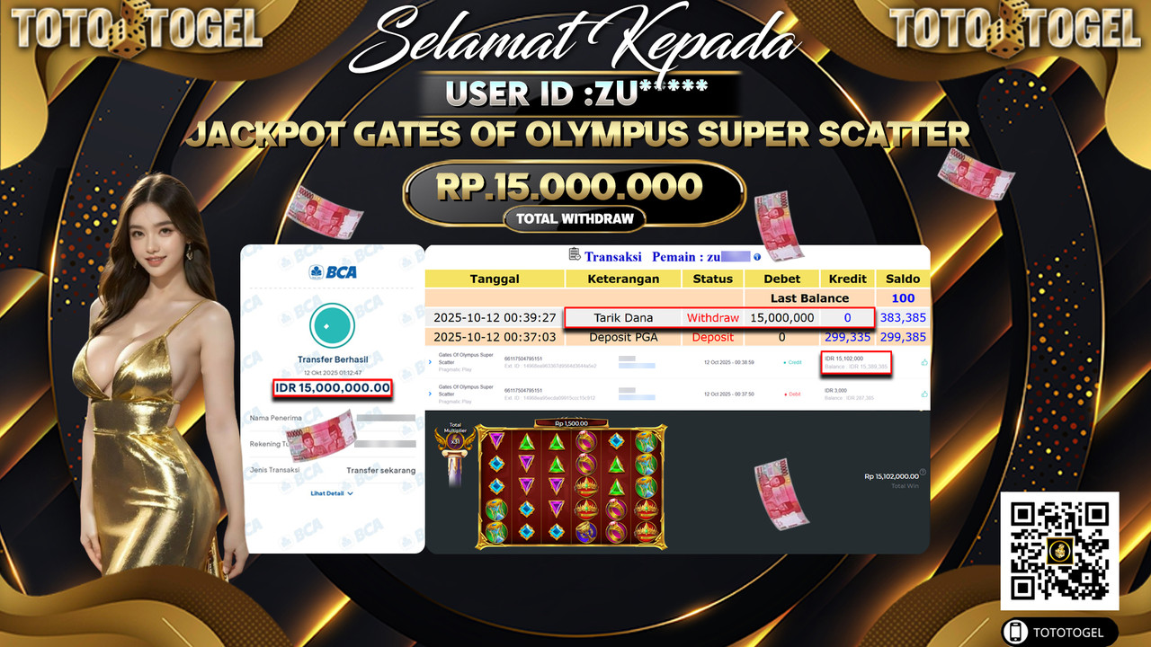 Bukti Pembayaran Jackpot Permainan Slot Gates Of Olympus Super Scatter ID:ZU**** LUNAS