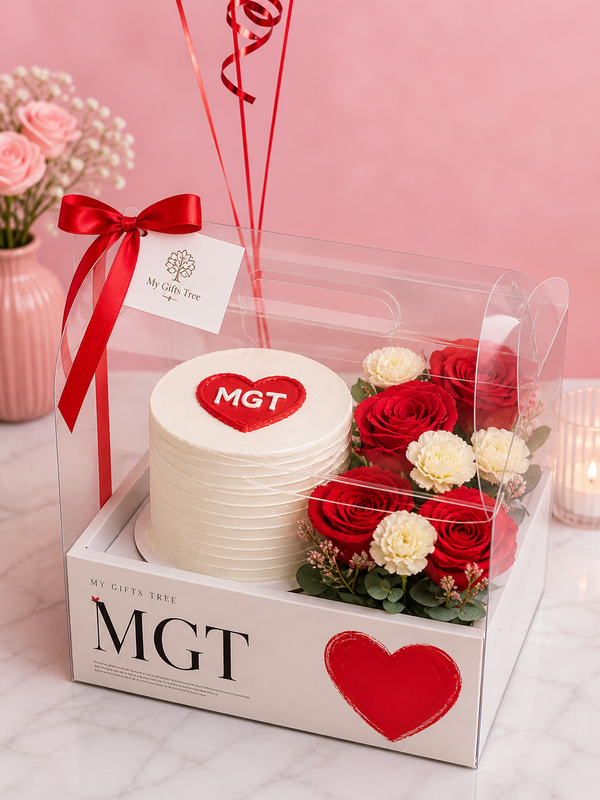 Romantic Gift Box With Cake N Flowers  Image