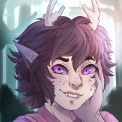A cropped portrait of a dragon hybrid woman. She has short purple hair, silver branched horns, pointed purple ears, slitted purple eyes, purple scales and freckles on her cheeks and fangs. She's holding a hand against her cheek and smiling.
