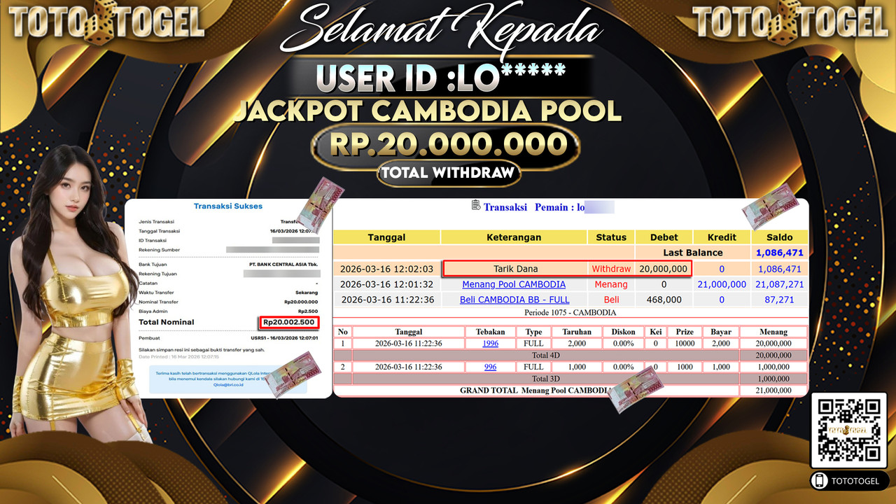 Bukti Pembayaran Jackpot Permainan Togel Cambodia Pool ID:LO*****LUNAS