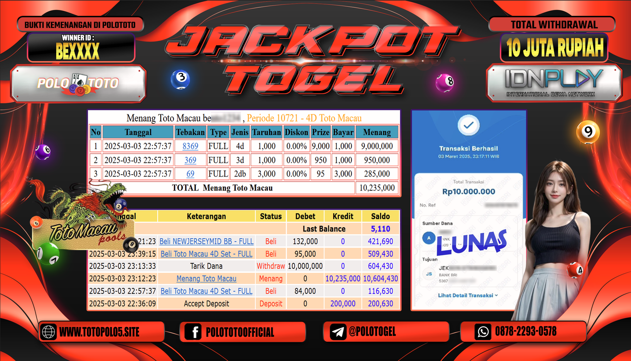 POLOTOTO JACKPOT TOGEL TOTO MACAU Rp.10.000.000,-