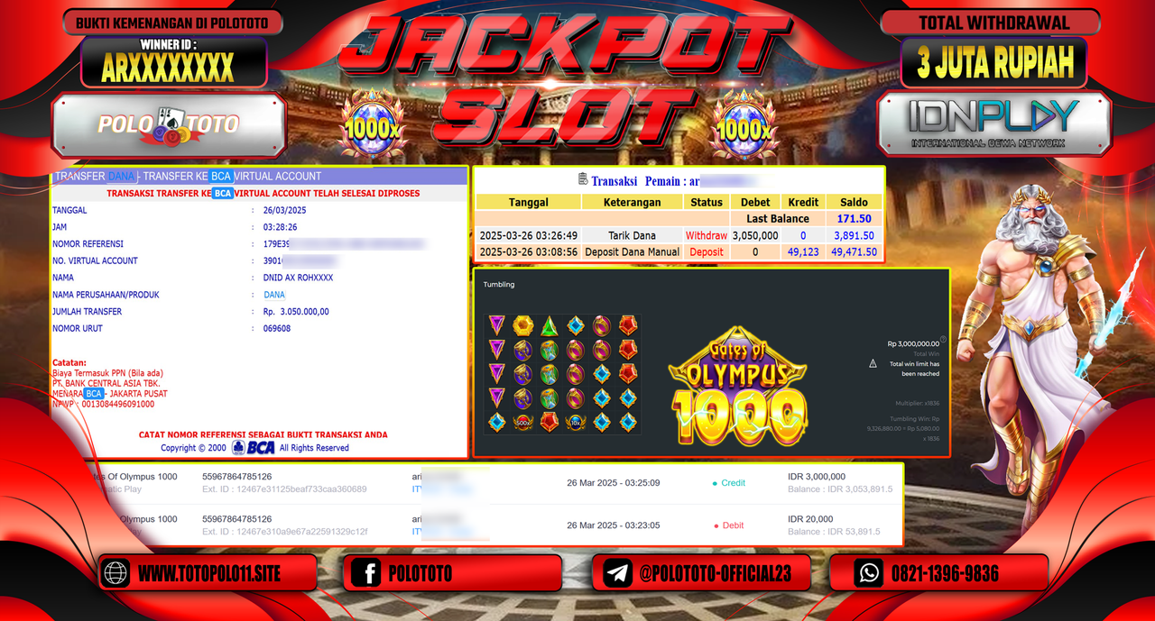 POLOTOTO JACKPOT SLOT GATES OF OLYMPUS 1000 Rp.3.050.000,-