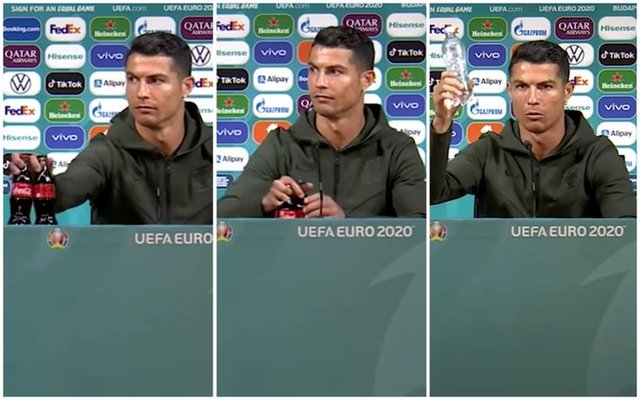 Cristiano se molesta y retira botellas de Coca-Cola