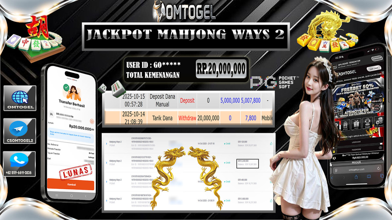 OMTOGEL JACKPOT PGSOFT MAHJONG WAYS 2 20 JUTA DI BAYAR LUNAS ,-