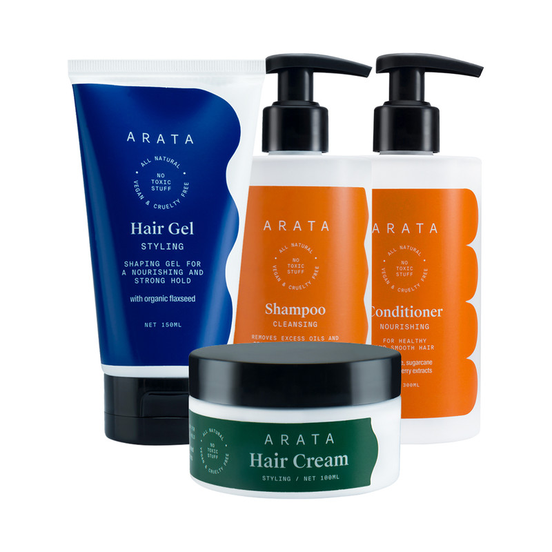 Arata Natural Hair Care Essentials With Cleansing Shampoo, Conditioner, Hair Gel & Hair Cream