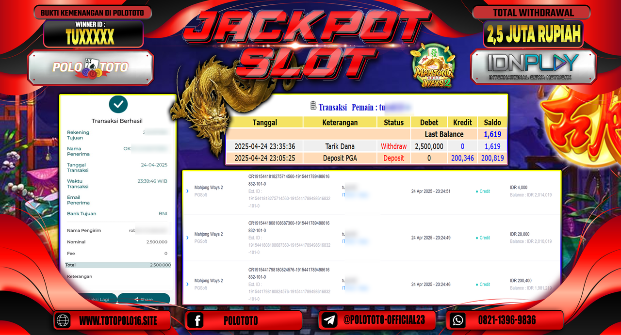 POLOTOTO JACKPOT SLOT MAHJONG WAYS 2 Rp.2.500.000,-