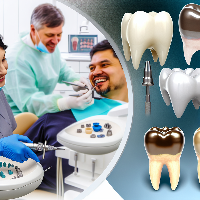 Типы зубных коронок и процесс установки, современная стоматологическая клиника, примерка коронки, разные материалы коронок, радостный пациент