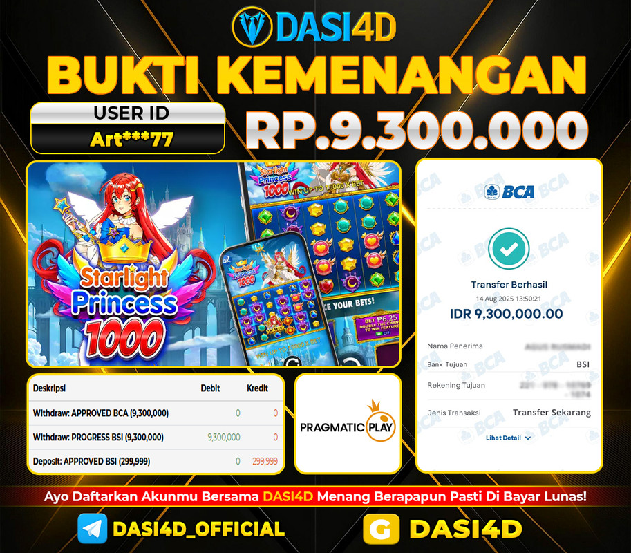 BUKTI KEMENANGAN 14 AGUSTUS 2025 DI STARLIGHT PRINCESS 1000 WD 9.300.000
