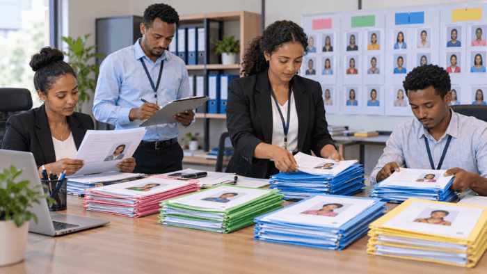 Ethiopian recruitment officers organizing candidate files into batches and checking documentation during a wholesale manpower recruitment process.
