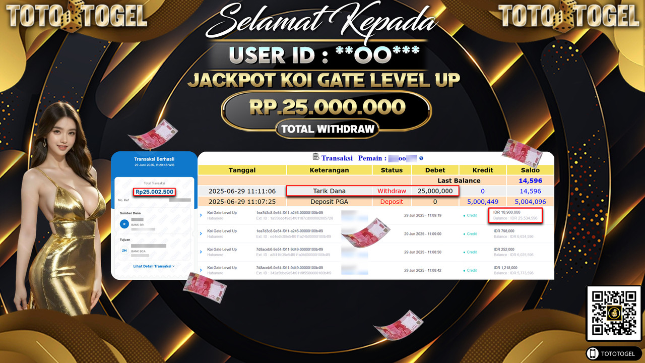 Bukti Pembayaran Jackpot Permainan Slot Koi Gate Level Up ID:**OO*** LUNAS