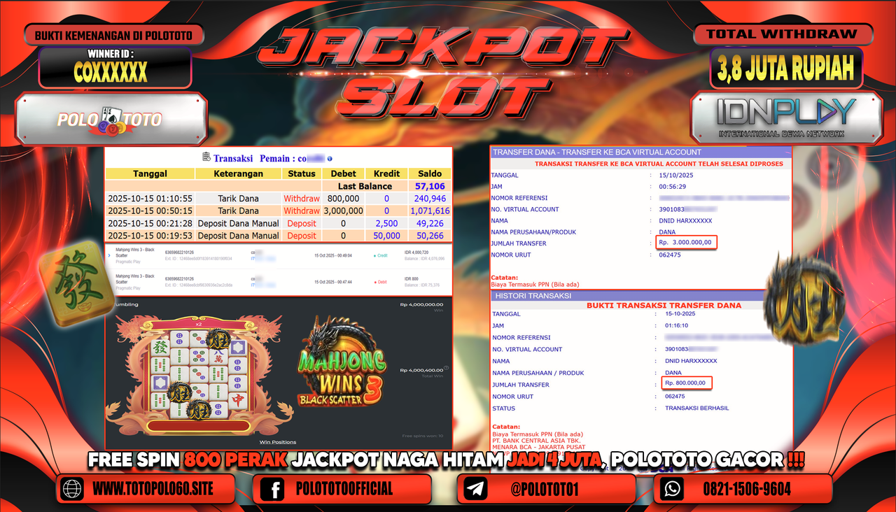 POLOTOTO JACKPOT SLOT MAHJONG WINS 3 - BLACK SCATTER Rp.3.800.000,- LUNAS