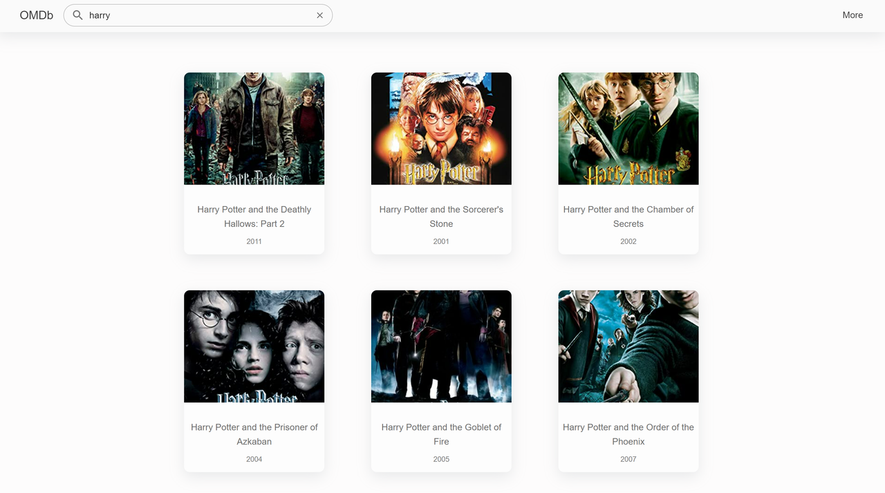 Searching a string 'harry' provides movies card