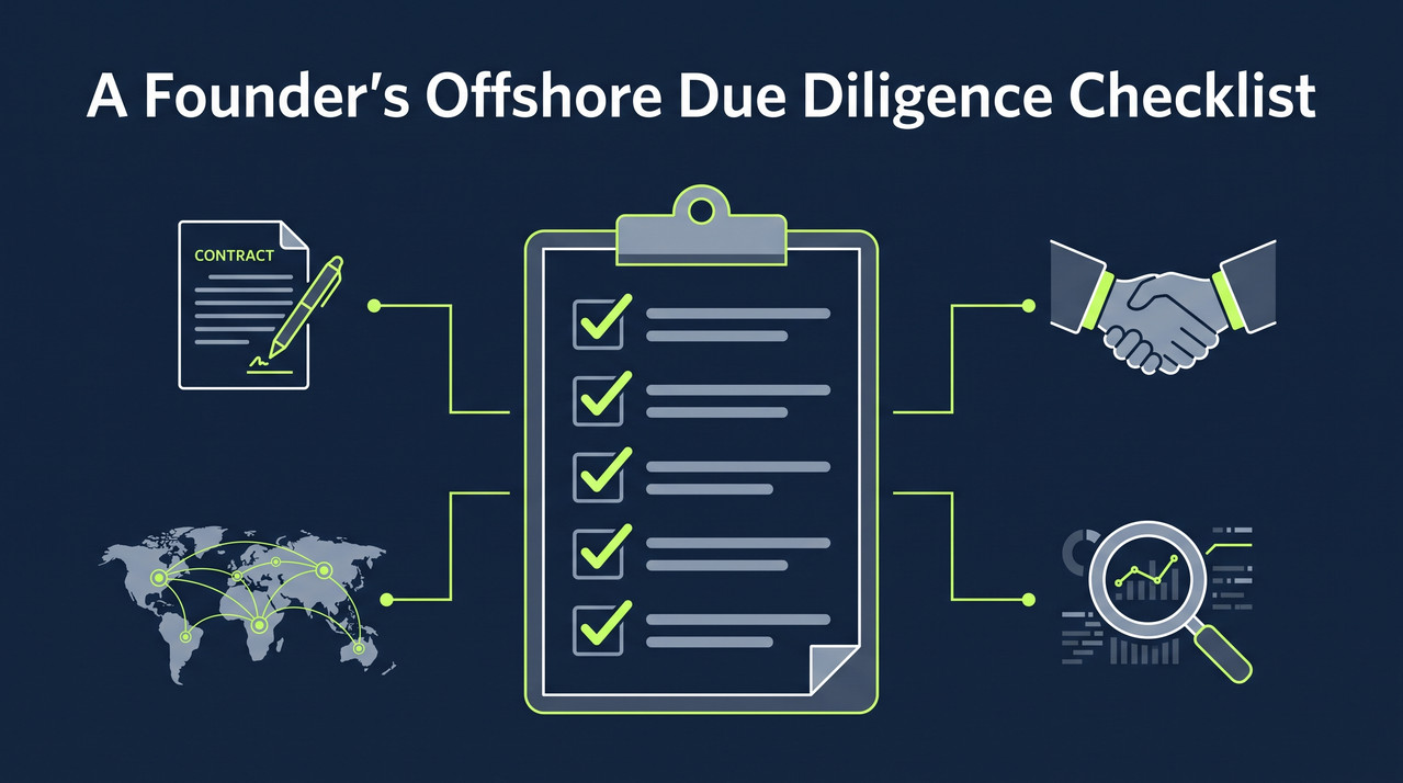 Checklist-style diagram showing 12 due diligence categories for offshore software development — IP ownership, developer access, references, pricing, security, and regional cost benchmarks