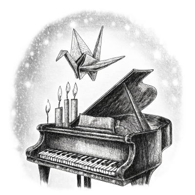a piano and a flying paper crane