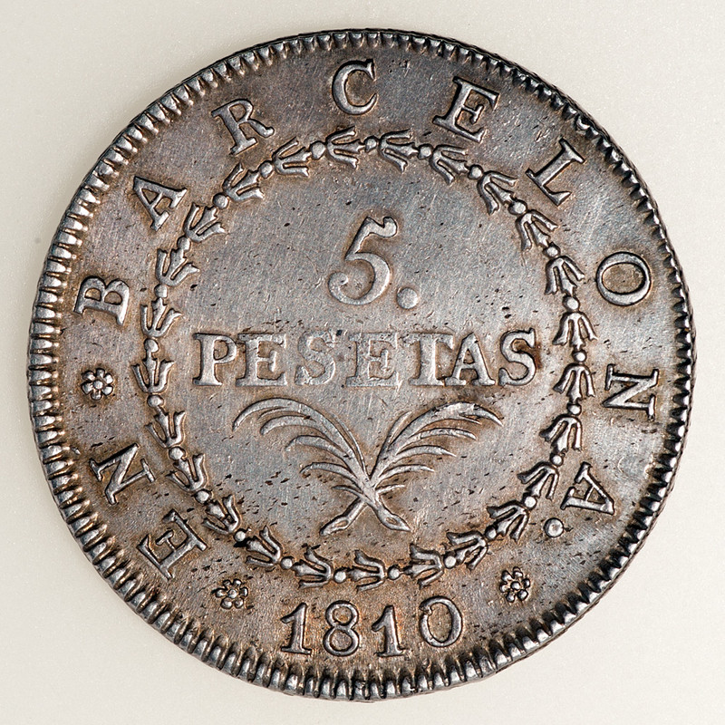 5 pesetas 1810. Barcelona. Ocupación Napoleónica. Dedicada a Gobierno Provisional. PAS5448c