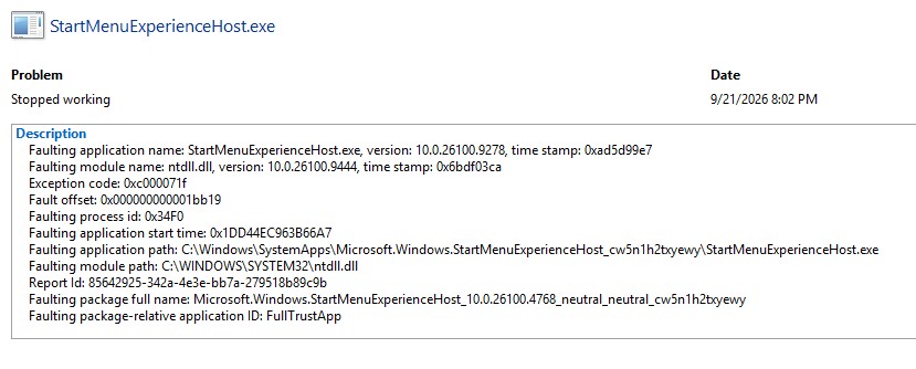 Start Menu Experience Host Failure