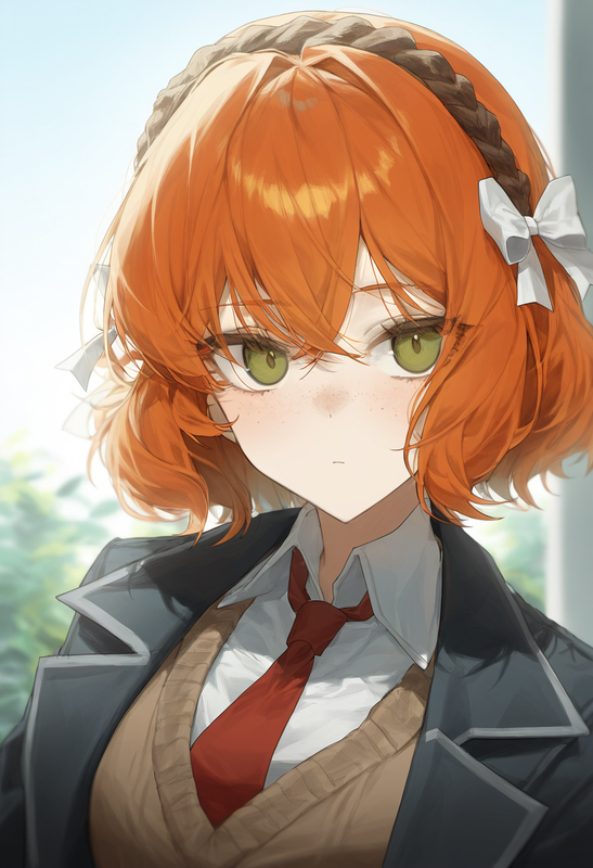 depth of field, 1girl, ishmael (limbus company), short hair, orange hair, {{gree s-3373757723