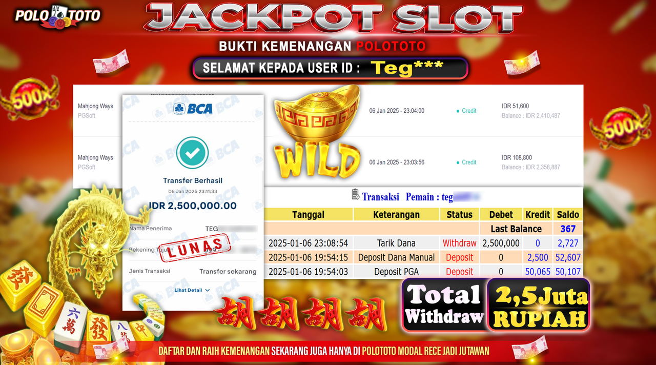 POLOTOTO JACKPOT SLOT MAHJONG WAYS Rp.2,500.000,-